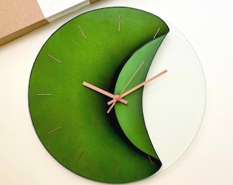 Green Glass Wall Clock with Copper Details: Silent Movement 10"- 24"