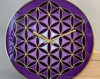 Hand Painted Purple Mandala Wall Clock with Brass Accents: Sacred Geometry Glass Art