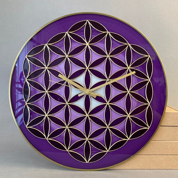 Purple Mandala, Flower of Life, Hand Painted Mandala, Wall Clock, Sacred Geometry, New Age Gift, Painting on Glass, Yoga Studio Decor, Yoga