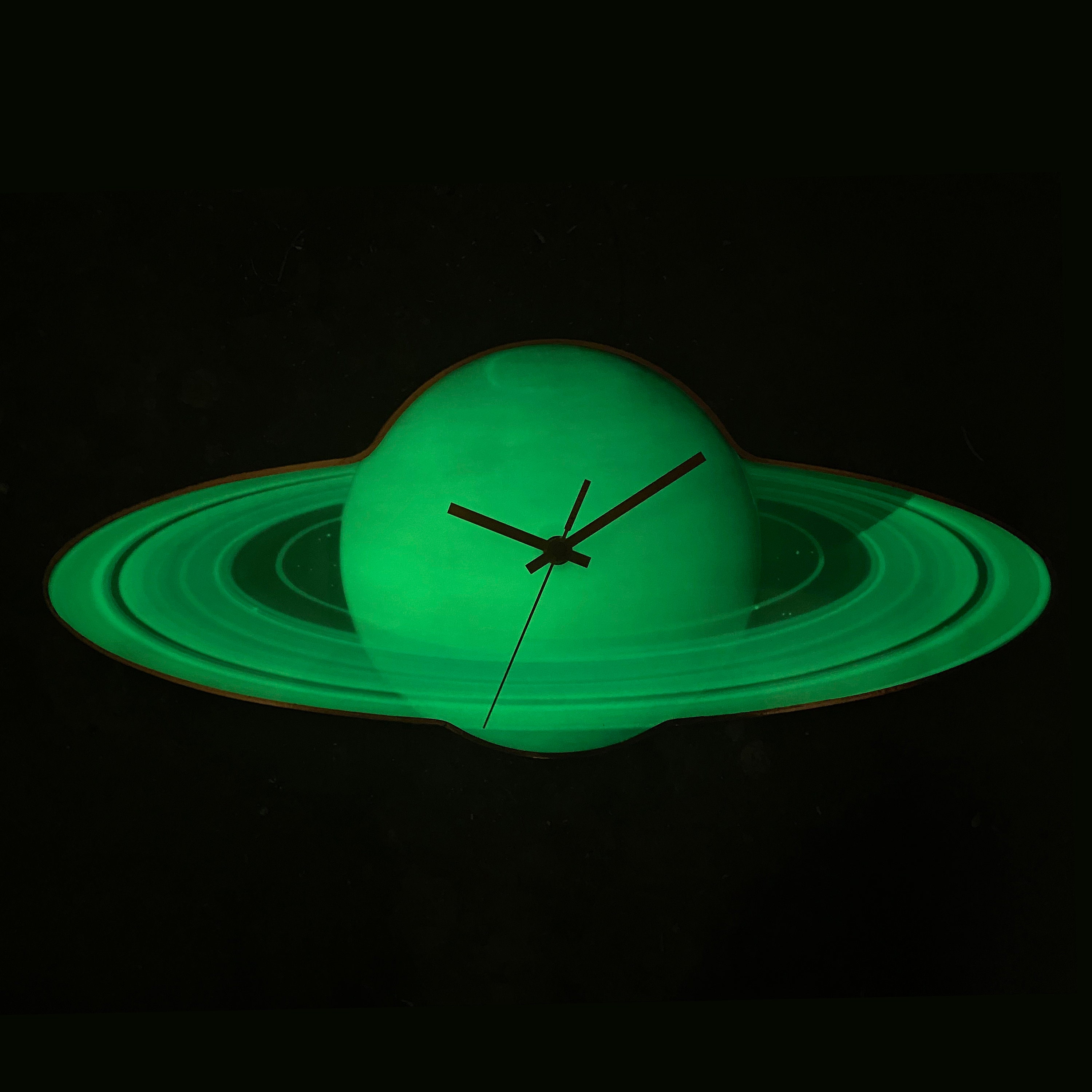 Saturn Planet Clock in Special Glass Shape: Glowing Celestial