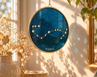Scorpio Glass Suncatcher • Hand-Painted Personalized Astrology Gift • Blue Celestial Decor
