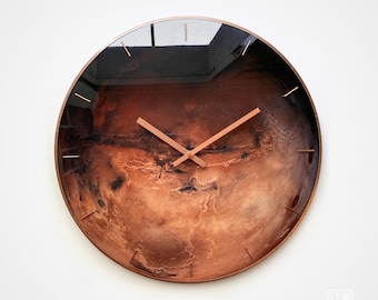 Planet Mars Wall Clock: Rustic Red Steampunk Glow-in-Dark Glass Art with Copper Details