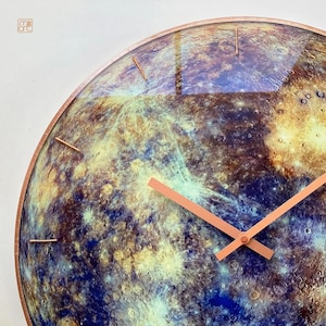 Hand-painted Mercury clock, with a magical glow that enhances any space. Perfect for yoga studios, modern interiors, or as an astronomy gift for Gemini and Virgo zodiac signs. Celestial and minimalist design.