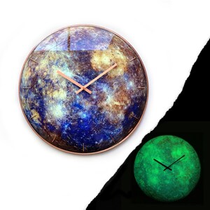 Mercury glass wall clock shown in daylight and glowing bright green in darkness, demonstrating the glow-in-the-dark effect.