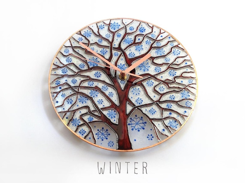 Stained Glass Clock, Wall Clock, Stained Glass, Glass Painting, Hand Painted Glass Clock, Unique Clock, Art Glass, Modern Clock,Four Seasons Winter