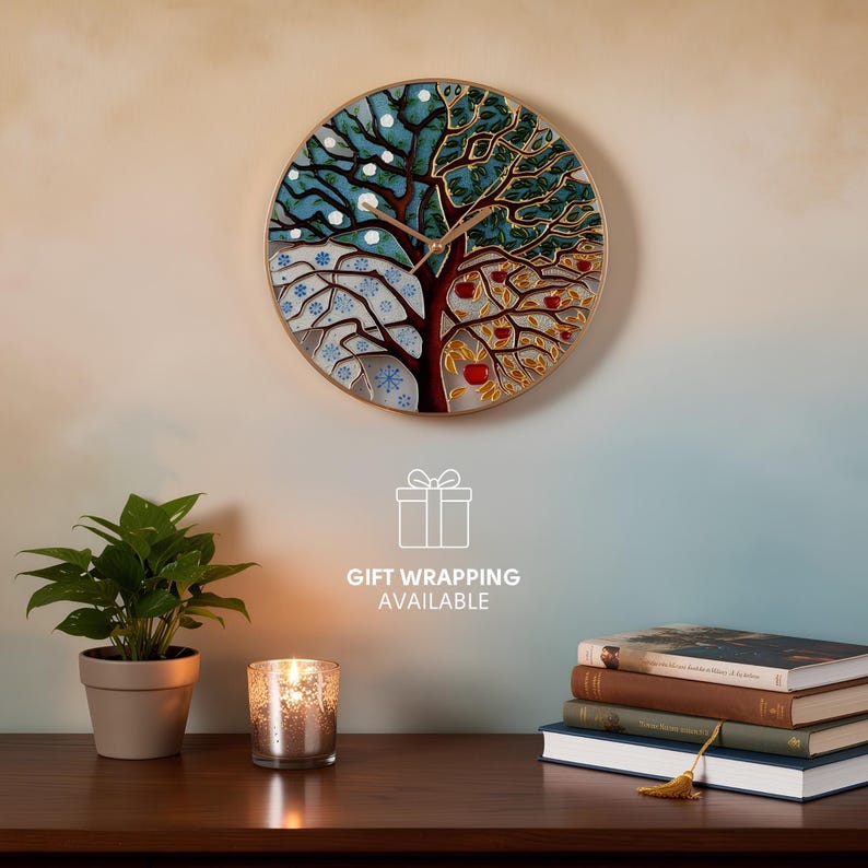 Hand painted Tree of Life wall clock displayed in warm interior with gift wrapping available for meaningful gifting occasions