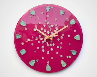 Pink & Turquoise Fused Glass Wall Clock • Glow in the Dark • Recycled Glass Boho Decor