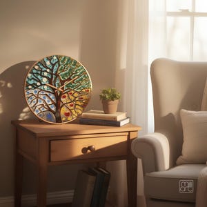 Tree of Life oversized wall clock styled on a bedside table, meaningful glass home decor for modern and cozy interiors