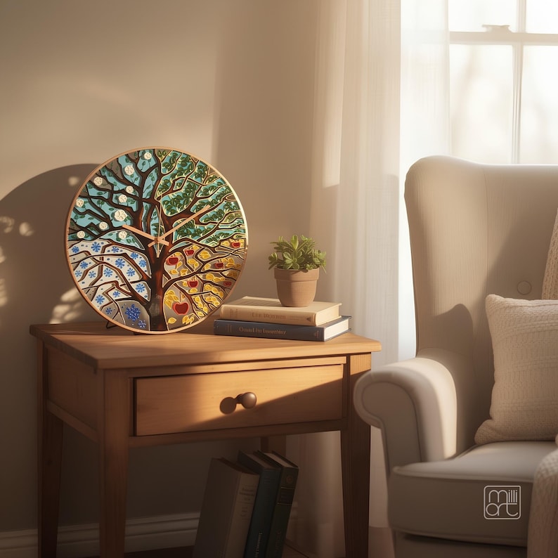 Tree of Life oversized wall clock styled on a bedside table, meaningful glass home decor for modern and cozy interiors