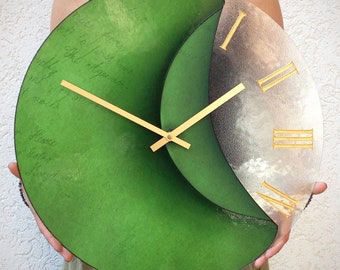 Rustic Wall Clock, Oversized Clock, Large Clock, Glass Wall Clock, Green Wall Decor, Surreal Clock, Unique Clock, Art Clock, Modern Interior