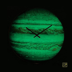 Glow in the dark Jupiter planet wall clock, handmade glass celestial wall decor glowing in darkness