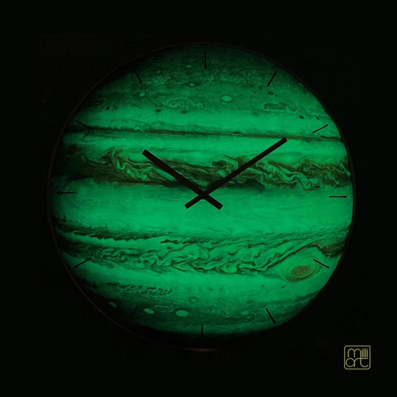 Glow in the dark Jupiter planet wall clock, handmade glass celestial wall decor glowing in darkness