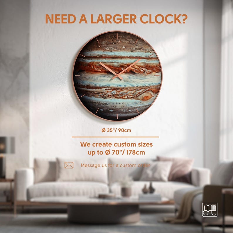 Oversized Jupiter glass wall clock custom sizes available for large celestial wall art interiors