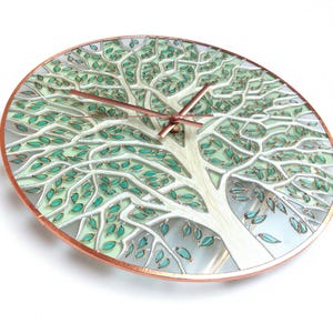 White Tree and Pale Green Leaves with Copper Colour Accents: Glass Wall Painted Clock