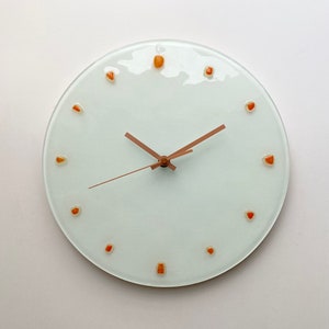 One of a Kind, 12 White Fused Glass Clock, Unique Wall Clock, Modern Wall Clock, Orange Details, Copper Colour Details, Recycle Glass Clock image 2