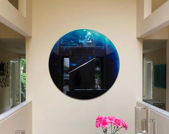 Oversized Wall Clock Handmade on Tempered Glass • Glow in the Dark Neptune Planet • Custom Coastal Wall Decor