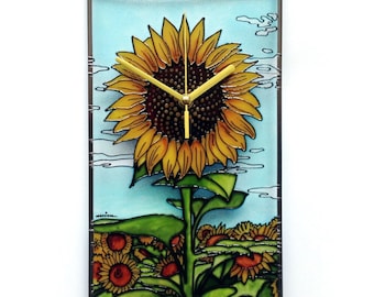 Sunflower Decor, Kitchen Clock, Painted Glass Art, Sunflower Wall Decor, Floral Clock, Cottage Decor, Flower Artwork, Sunflower Decoration