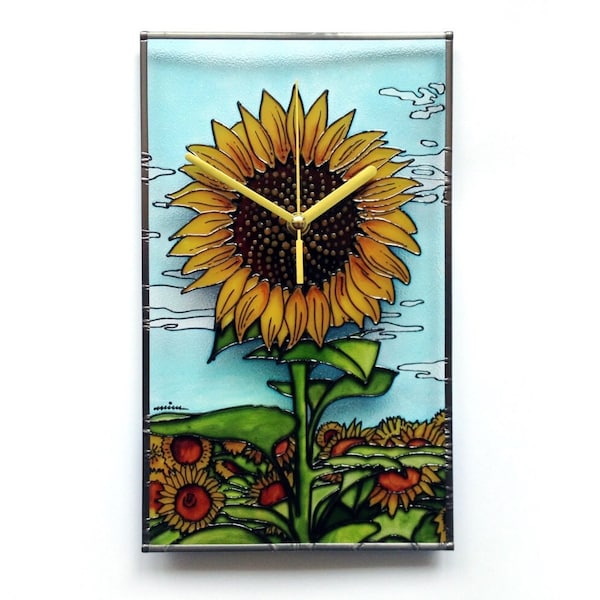 Sonnenblumen-Dekor, Küchenuhr, bemalte Glaskunst, Sonnenblumen-Wanddekor, Blumenuhr, Cottage-Dekor, Blumenkunstwerk, Sonnenblumendekoration