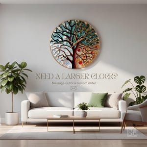 Large Tree of Life wall clock displayed in modern living room with custom oversized size option for statement wall decor