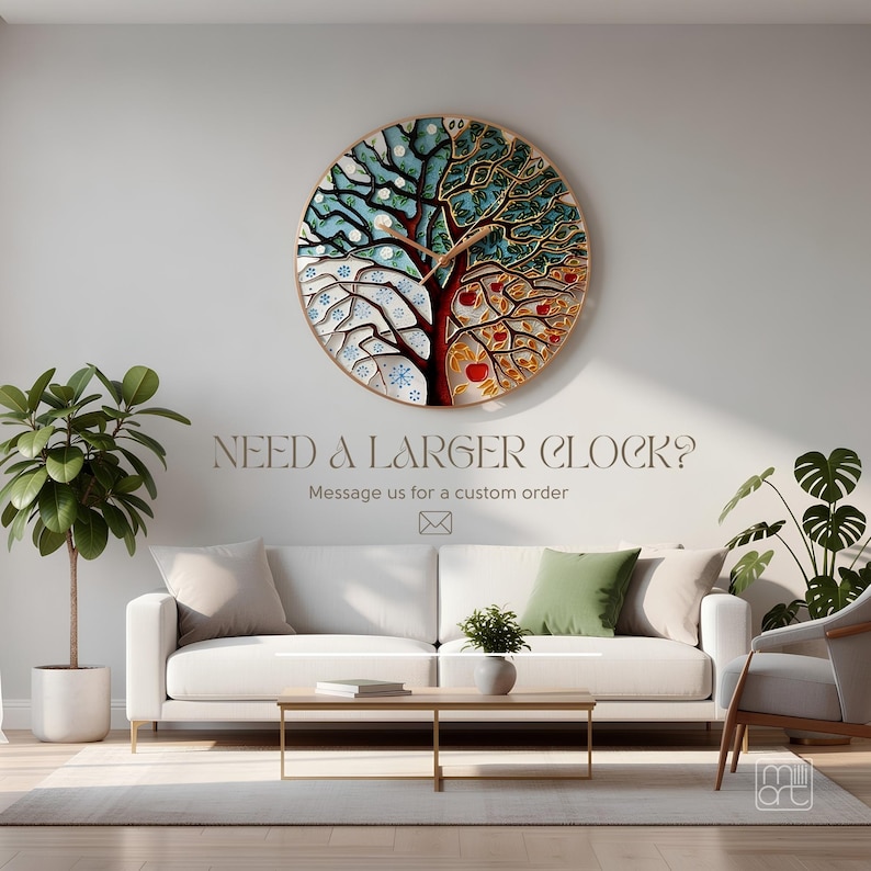 Large Tree of Life wall clock displayed in modern living room with custom oversized size option for statement wall decor