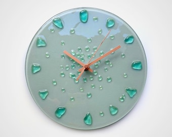 Recycled Fused Glass Wall Clock: Grey Minimalist Decor, Glow in the dark, 10" Silent Clock