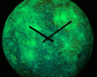 Mercury Planet, Big Wall Clock, Gemini Gift, Glow in the dark, Unique Clock, Oversized Clock, Large Wall Clock, Contemporary Glass Art Clock