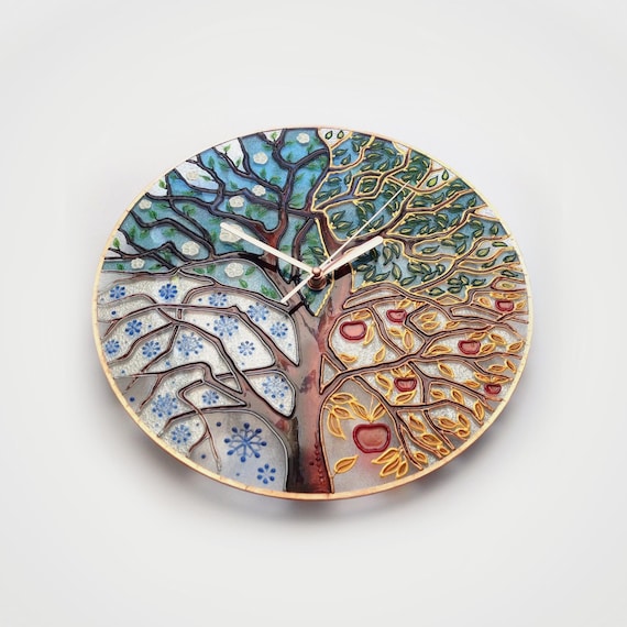 Tree of Life Large Wall Clock • Hand Painted Glass Oversized Wall Art • Wedding Gift