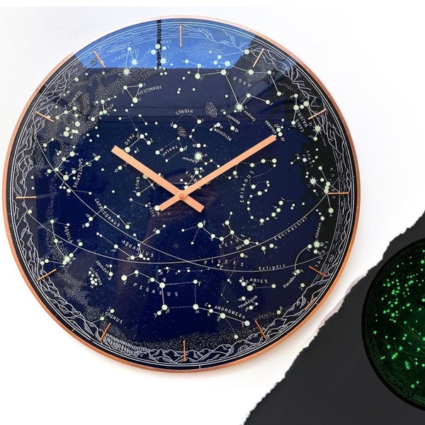 horloge étoile vintage, Constellations stellaires, Ciel céleste, Glow In Dark Clock, Horloge murale galaxie, Cadeau d’astrologie, Horloge surdimensionnée, Ciel étoiles