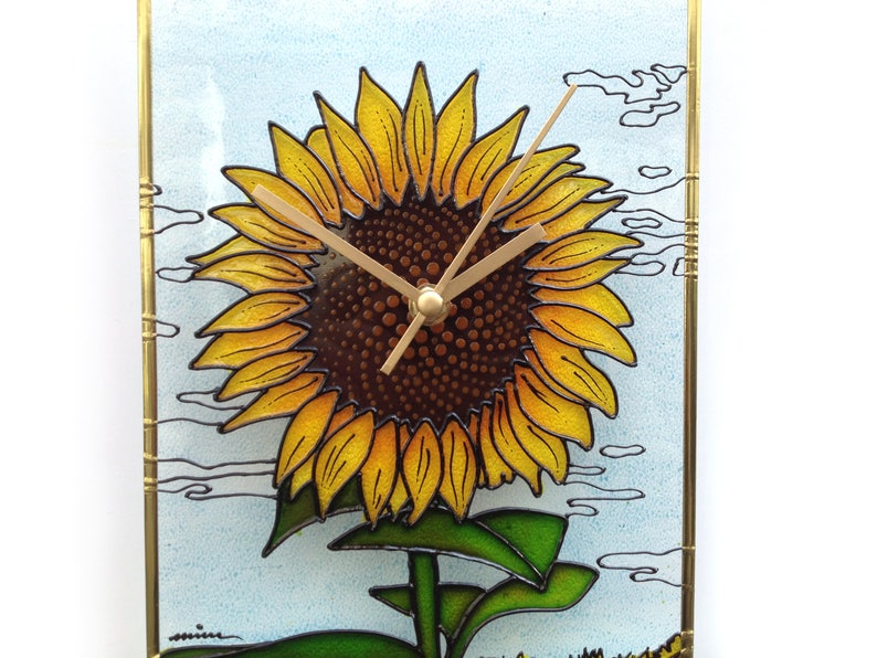 Sunflower Decor Kitchen Clock Painted Glass Art Sunflower Etsy