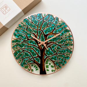 Large Tree of Life wall clock hand painted on glass, woodland home decor, nature inspired wall art and functional clock
