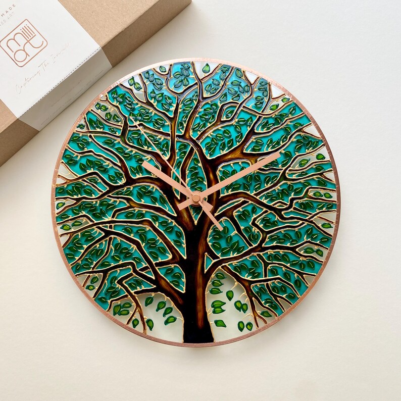 Large Tree of Life wall clock hand painted on glass, woodland home decor, nature inspired wall art and functional clock