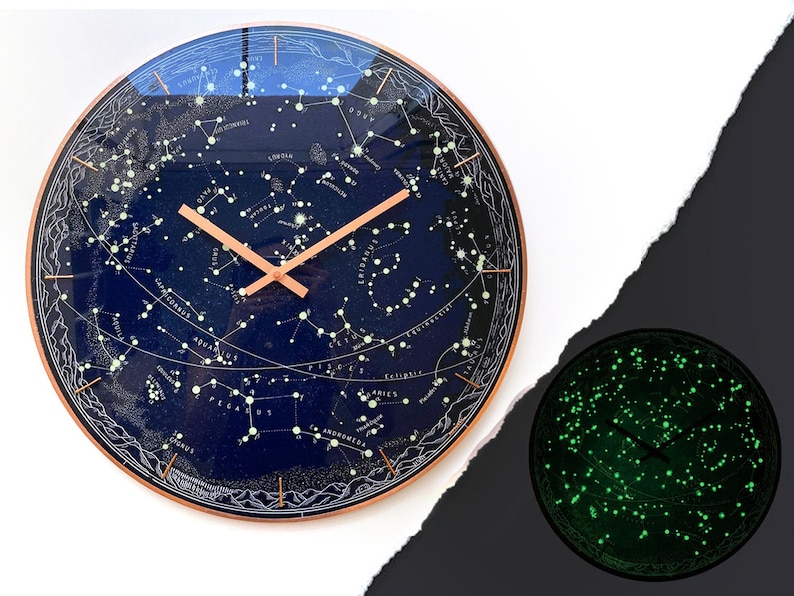 Vintage Star Clock, Stellar Constellations, Celestial Sky, Glow In Dark Clock, Galaxy Wall Clock, Astrology Gift, Oversized Clock, Stars Sky 