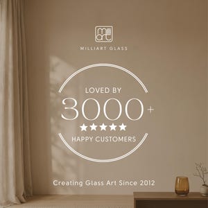 Graphic showing that Milliart Glass has over 3,000 happy customers and has been creating handcrafted glass art since 2012.