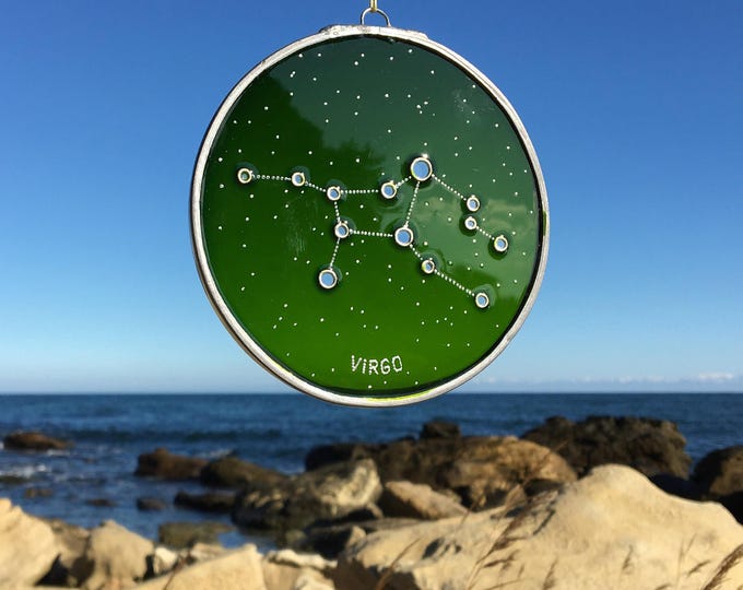 Personalized Virgo Constellation Suncatcher: Boho Celestial Decor Glass Art in Green & Silver