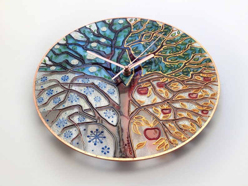 Unique Tree Clock Glass Wall Clock Big Clock Painted Glass Etsy