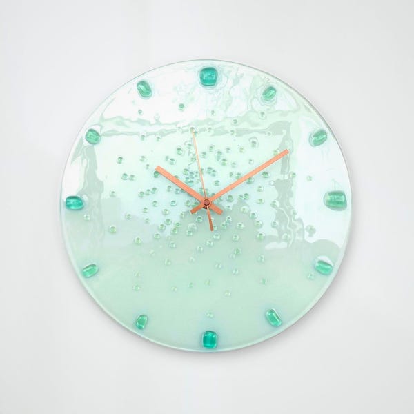 White Fused Glass Wall Clock: Glow in the Dark, Minimalist 10" Handmade Clock