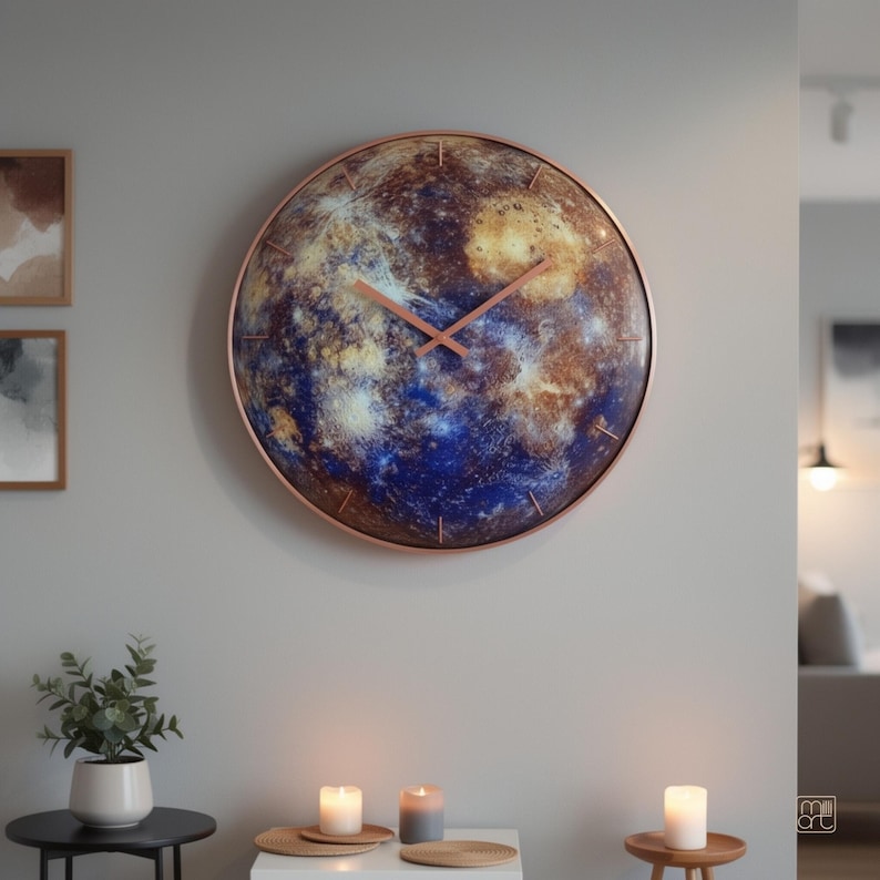 Mercury glass wall clock displayed on a neutral interior wall above a small table, showing how the colorful celestial clock looks as home decor.
