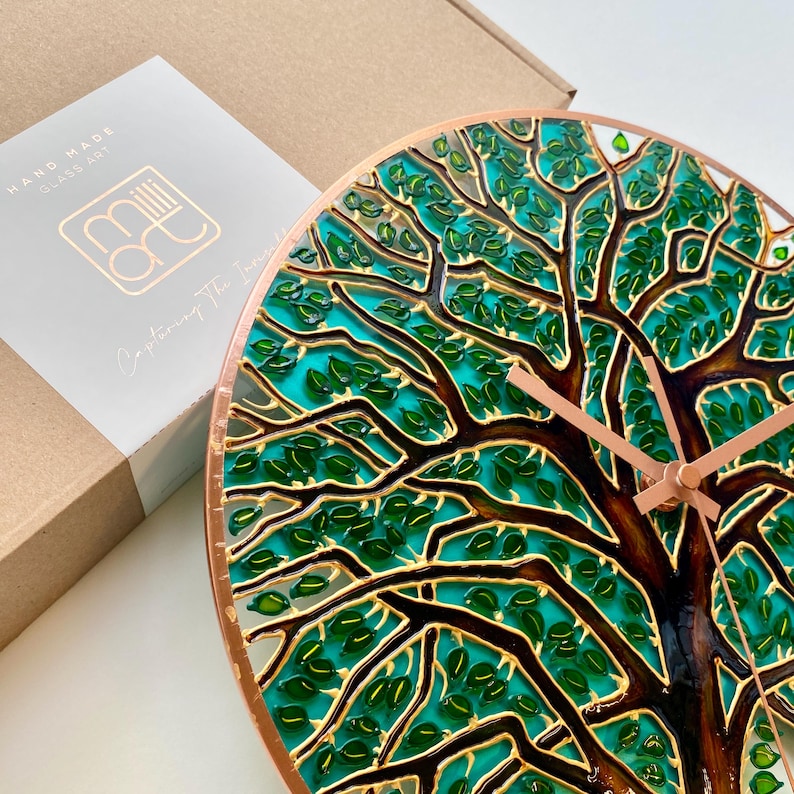 Hand painted Tree of Life wall clock with gift packaging, handmade glass wall clock, unique gift for nature lovers and tree lovers