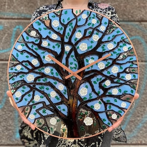 Wall Clock, Large Clock, Custom Wall Clock, Spring Tree Clock, Modern Stained Glass, Tree Of Life Decor, Steampunk Wall Clock, Kitchen Clock