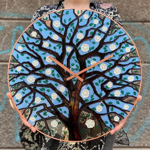 Spring Flower Tree of Life Glass Wall Clock: Modern Home and Kitchen Decor