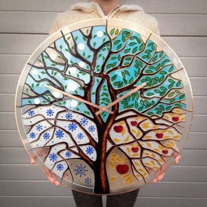 Unique Tree Clock, Glass Wall Clock, Big Clock, Painted Glass Clock, Unique Wall Design, Hour Marks, Oversized Wall Clock, Copper Wall Clock