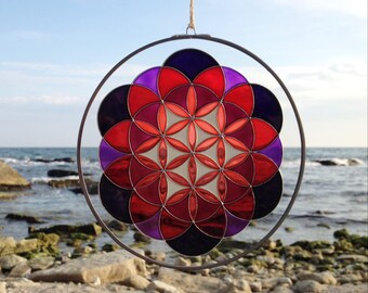 Sacred Geometry Glass Suncatcher, Flower of Life Mandala in Purple, Red and Silver
