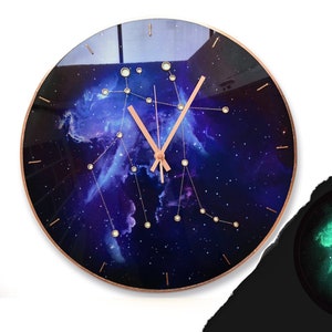 Gemini Sign Clock on Tempered Glass in 10&quot;-24&quot; Sizes: Nebula Space Astrology Decor