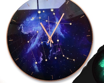 Gemini Sign, Zodiac Clock, Painted Glass Art, Nebula Decor, Celestial Clock, Personalized Gift, Modern Clock, Space Decor, Minimal Decor
