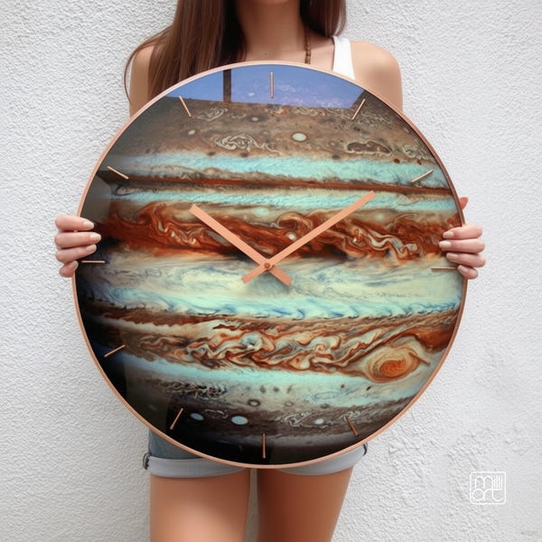 Överdimensionerad väggklocka tillverkad på glas, planeten Jupiter • Lyser i mörkret