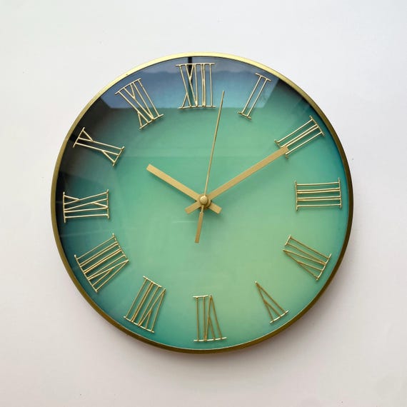 Luxury Uranus Planet Glass Clock with Brass Roman Numerals – Glow in the Dark Astrology Wall Art