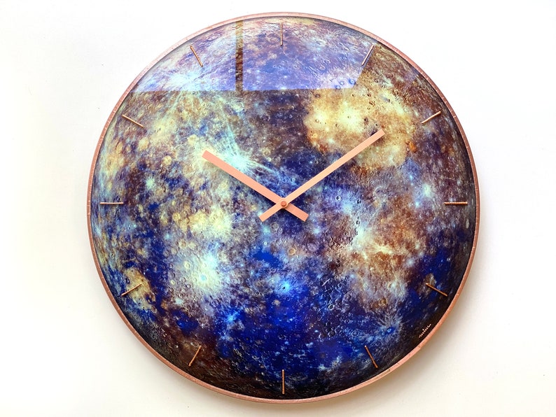Big Wall Clock, Mercury Planet, Gemini Gift, Glow in the dark, Unique Clock, Oversized Clock, Large Wall Clock, Contemporary Glass Art Clock image 3