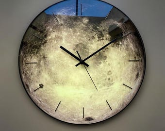 Glow in the Dark Moon Wall Clock with Black Details  • Oversized Wall Clock  • Housewarming Gift • Tempered Glass