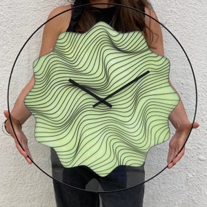 May include: A black clock with a white face and black hands. The face of the clock is a wavy, abstract design. The clock is framed in a black circle.