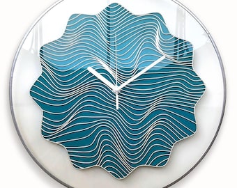 Nautical Clock, Turquoise Clock, Modern Stained Glass, Beach Decor, Sea Lovers, Large Wall Clock, 3D Wave Illusion, Oversized Custom Clock